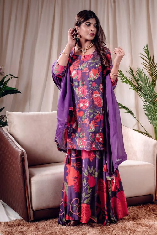 Purple Pomo-Floral Muslin Sharara Set