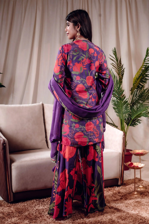 Purple Pomo-Floral Muslin Sharara Set