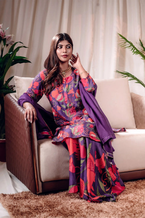 Purple Pomo-Floral Muslin Sharara Set