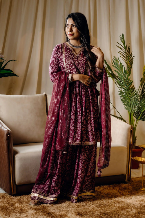 Wine Color Block Print Kurta Sharara Set