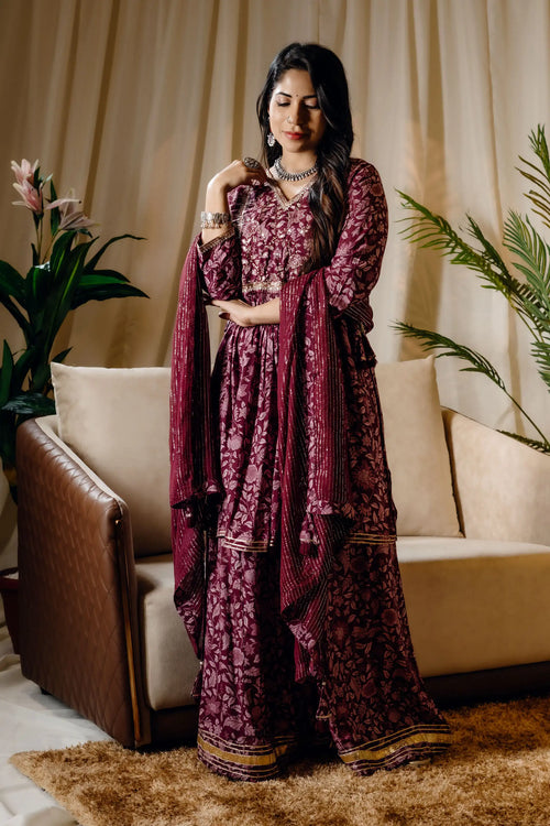 Wine Color Block Print Kurta Sharara Set