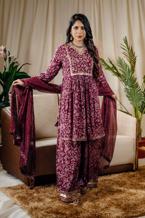 Wine Color Block Print Kurta Sharara Set