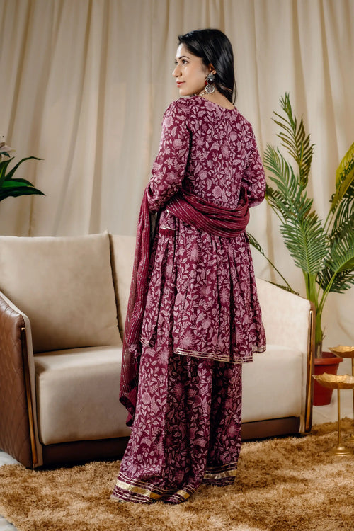 Wine Color Block Print Kurta Sharara Set