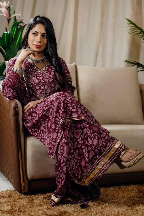 Wine Color Block Print Kurta Sharara Set