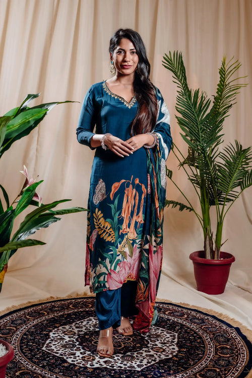 Blue Color Wildflower Print Pure Crepe Straight Suit Set