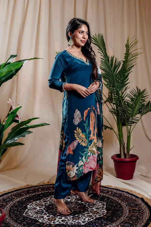 Blue Color Wildflower Print Pure Crepe Straight Suit Set