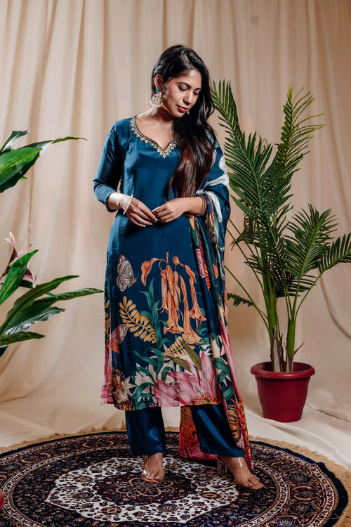 Blue Color Wildflower Print Pure Crepe Straight Suit Set