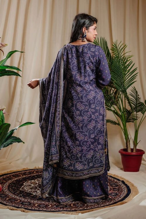 Royal Blue Muslin Bandhani Printed Kurta Sharara Set