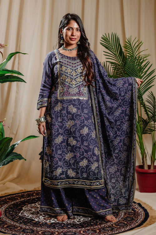 Royal Blue Muslin Bandhani Printed Kurta Sharara Set