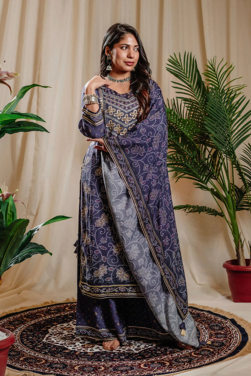 Royal Blue Muslin Bandhani Printed Kurta Sharara Set