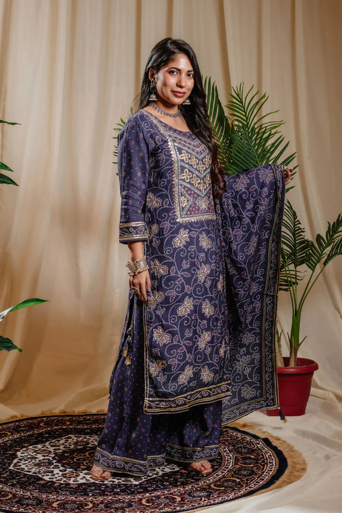 Royal Blue Muslin Bandhani Printed Kurta Sharara Set