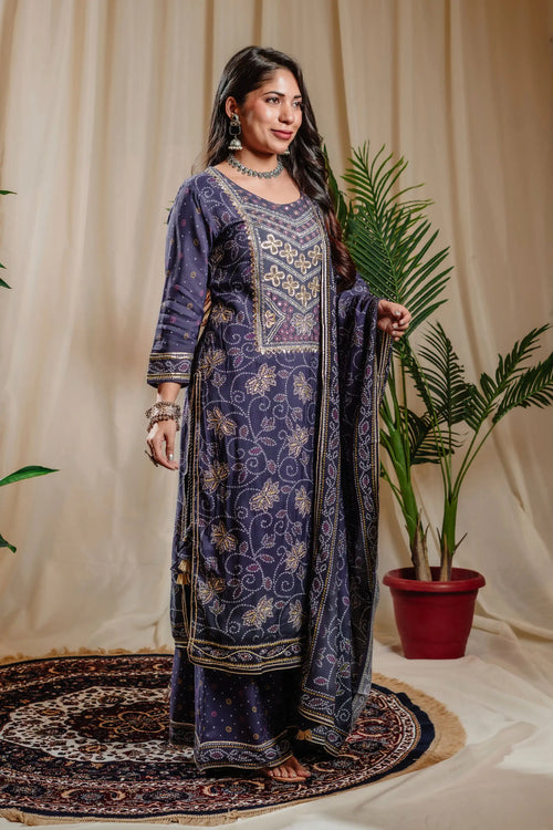 Royal Blue Muslin Bandhani Printed Kurta Sharara Set