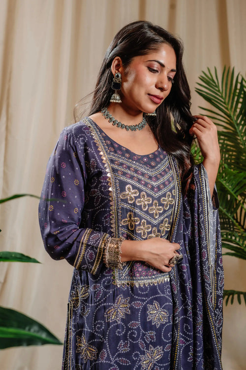 Royal Blue Muslin Bandhani Printed Kurta Sharara Set