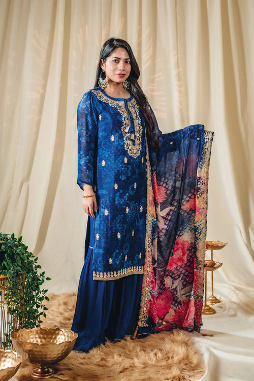 Blue Color Floral Print Chinnon Kurta Garara Set