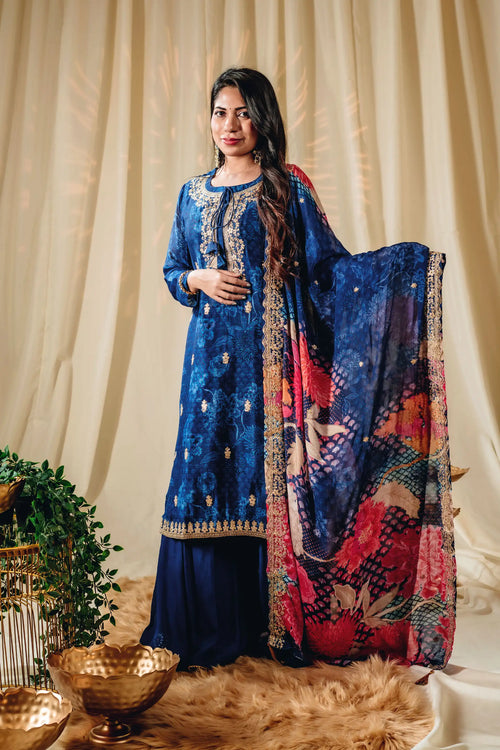 Blue Color Floral Print Chinnon Kurta Garara Set