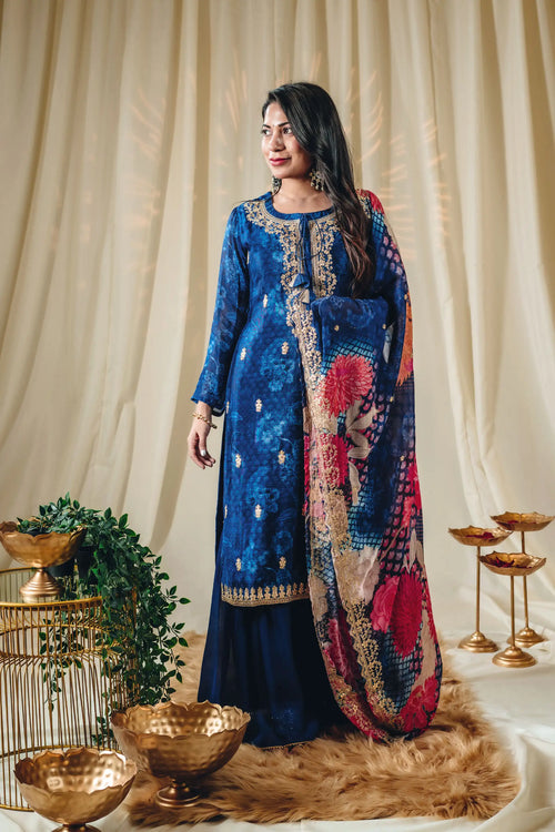 Blue Color Floral Print Chinnon Kurta Garara Set