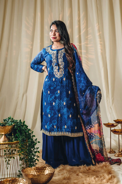 Blue Color Floral Print Chinnon Kurta Garara Set