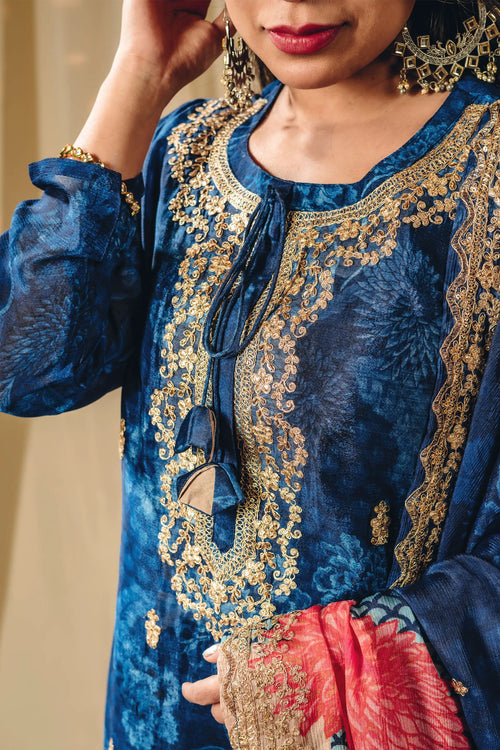 Blue Color Floral Print Chinnon Kurta Garara Set