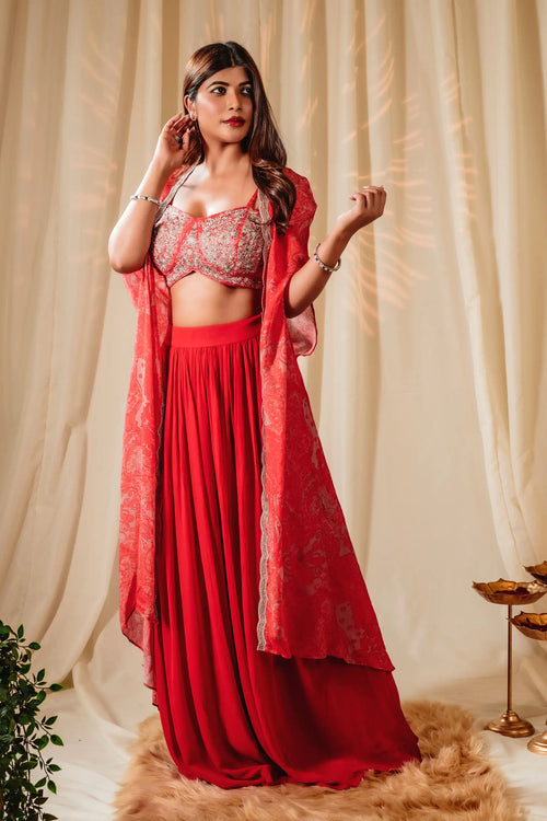 Candy Red Indo-Western Sharara Set