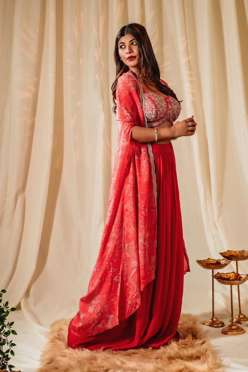 Candy Red Indo-Western Sharara Set