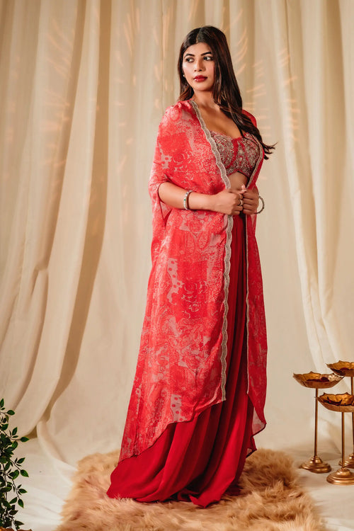 Candy Red Indo-Western Sharara Set