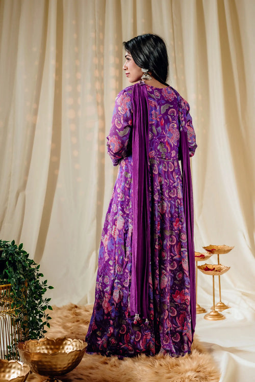 Purple Floral Print Anarkali Set