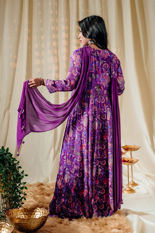 Purple Floral Print Anarkali Set