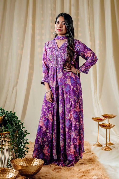 Purple Floral Print Anarkali Set