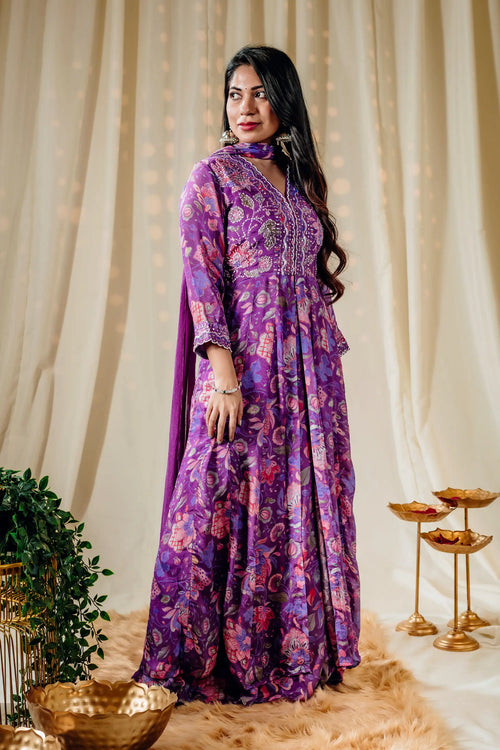 Purple Floral Print Anarkali Set