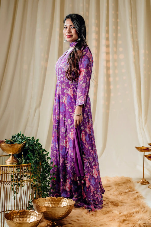 Purple Floral Print Anarkali Set