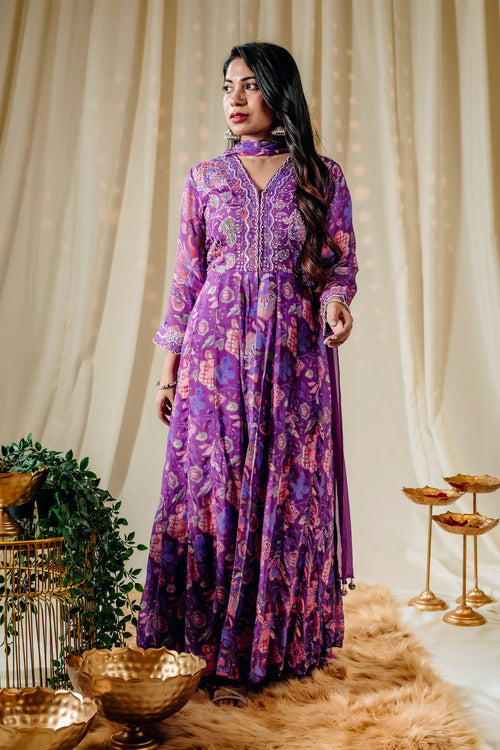 Purple Floral Print Anarkali Set