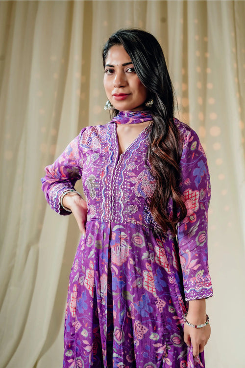 Purple Floral Print Anarkali Set