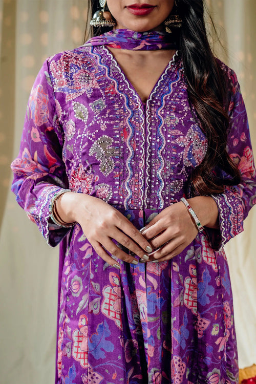 Purple Floral Print Anarkali Set