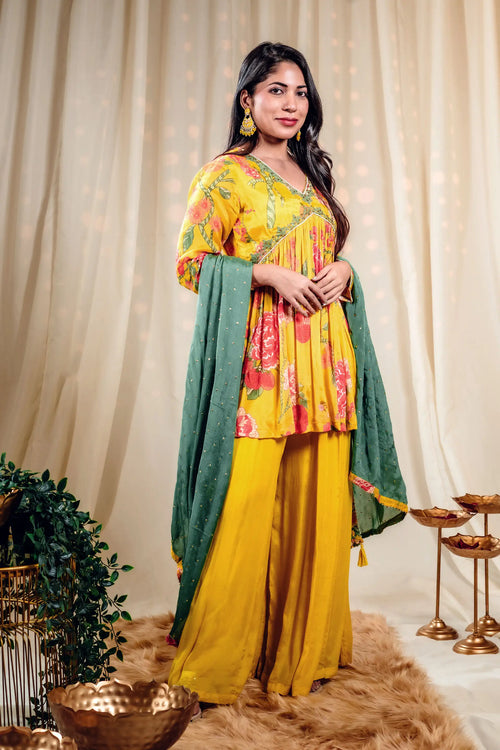 Golden Yellow & Green Floral Print Kurta Sharara Set