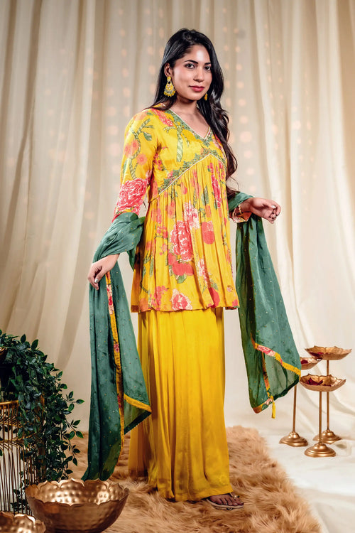 Golden Yellow & Green Floral Print Kurta Sharara Set