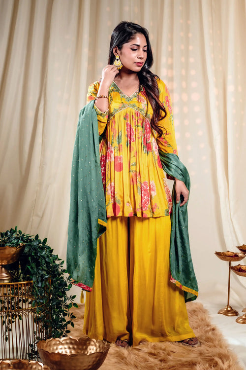 Golden Yellow & Green Floral Print Kurta Sharara Set