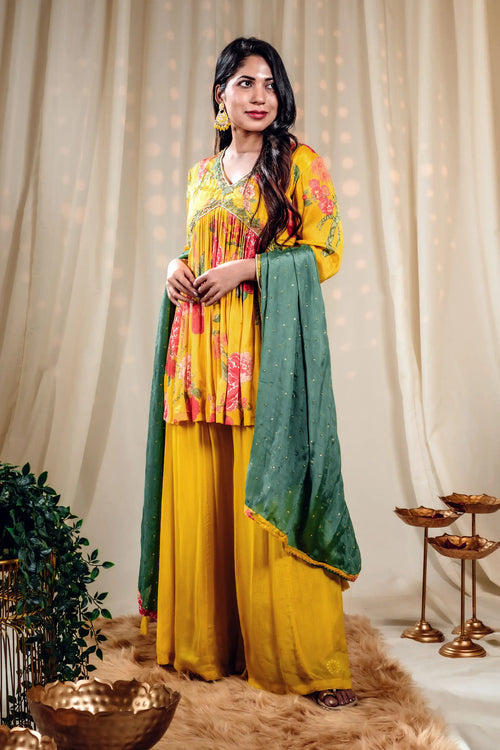 Golden Yellow & Green Floral Print Kurta Sharara Set