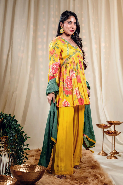 Golden Yellow & Green Floral Print Kurta Sharara Set