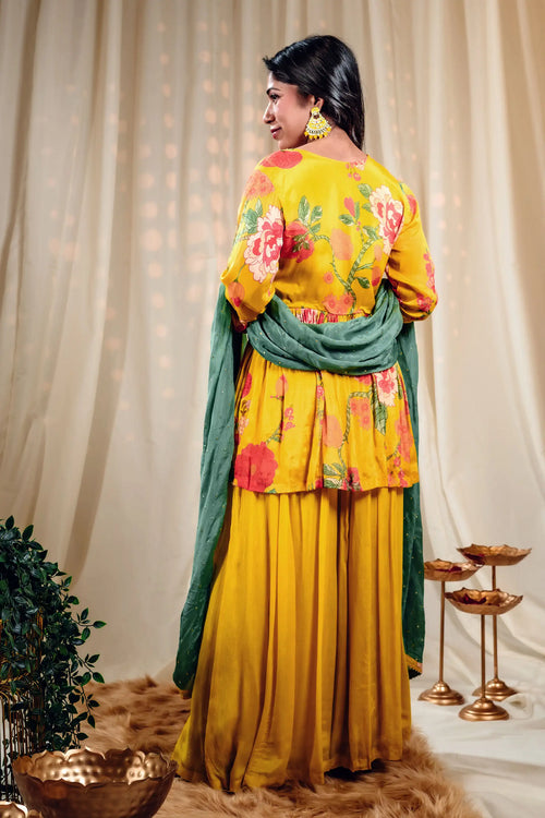 Golden Yellow & Green Floral Print Kurta Sharara Set