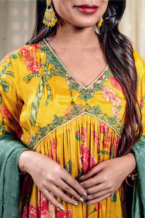 Golden Yellow & Green Floral Print Kurta Sharara Set