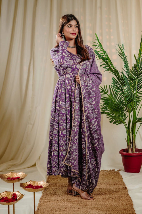 Lavender Cotton Kalamkari Print Anarkali Set