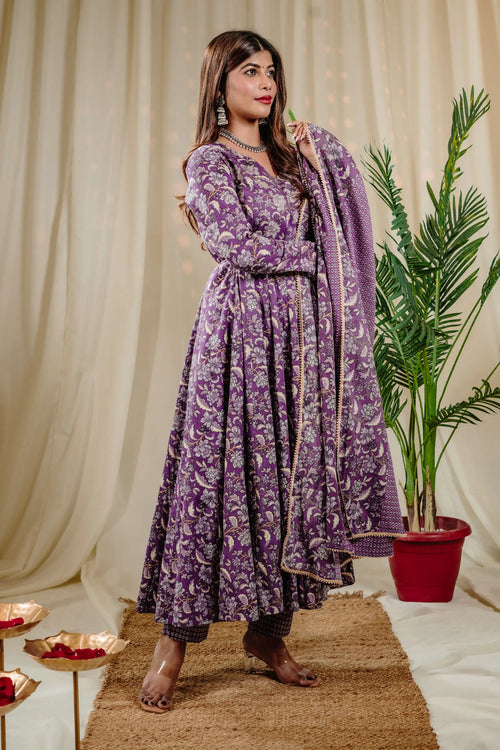 Lavender Cotton Kalamkari Print Anarkali Set