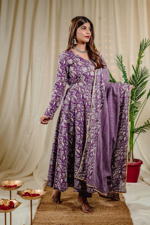 Lavender Cotton Kalamkari Print Anarkali Set