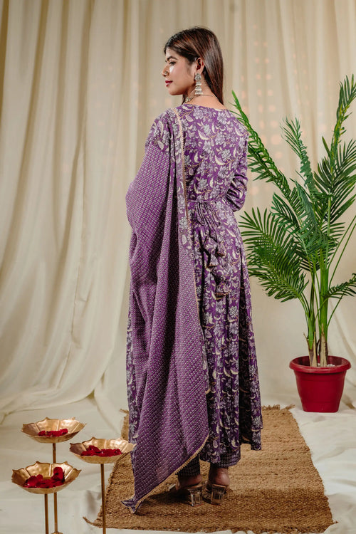 Lavender Cotton Kalamkari Print Anarkali Set