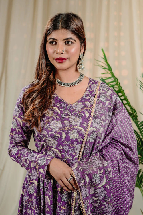 Lavender Cotton Kalamkari Print Anarkali Set