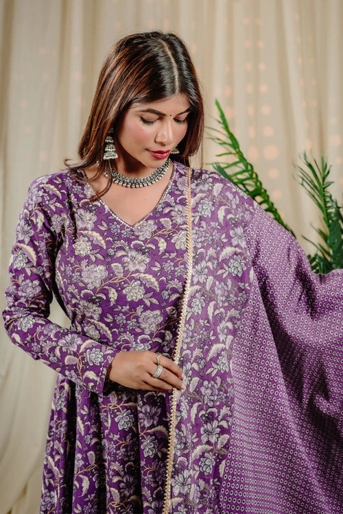 Lavender Cotton Kalamkari Print Anarkali Set