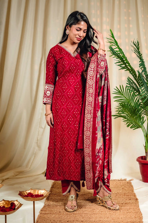 Maroon Color Bandhani Gold Print Straight Suit Set