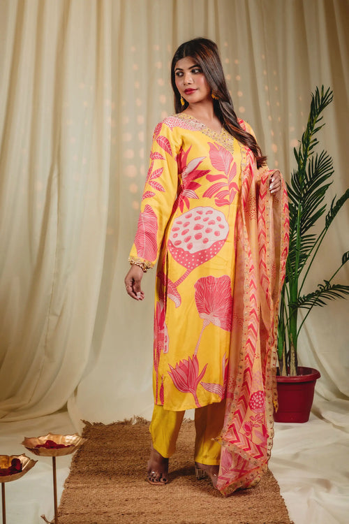 Banana Yellow Wild Flower Straight Kurta Set