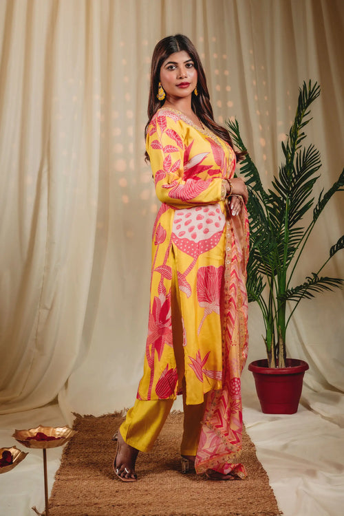 Banana Yellow Wild Flower Straight Kurta Set