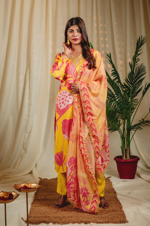 Banana Yellow Wild Flower Straight Kurta Set